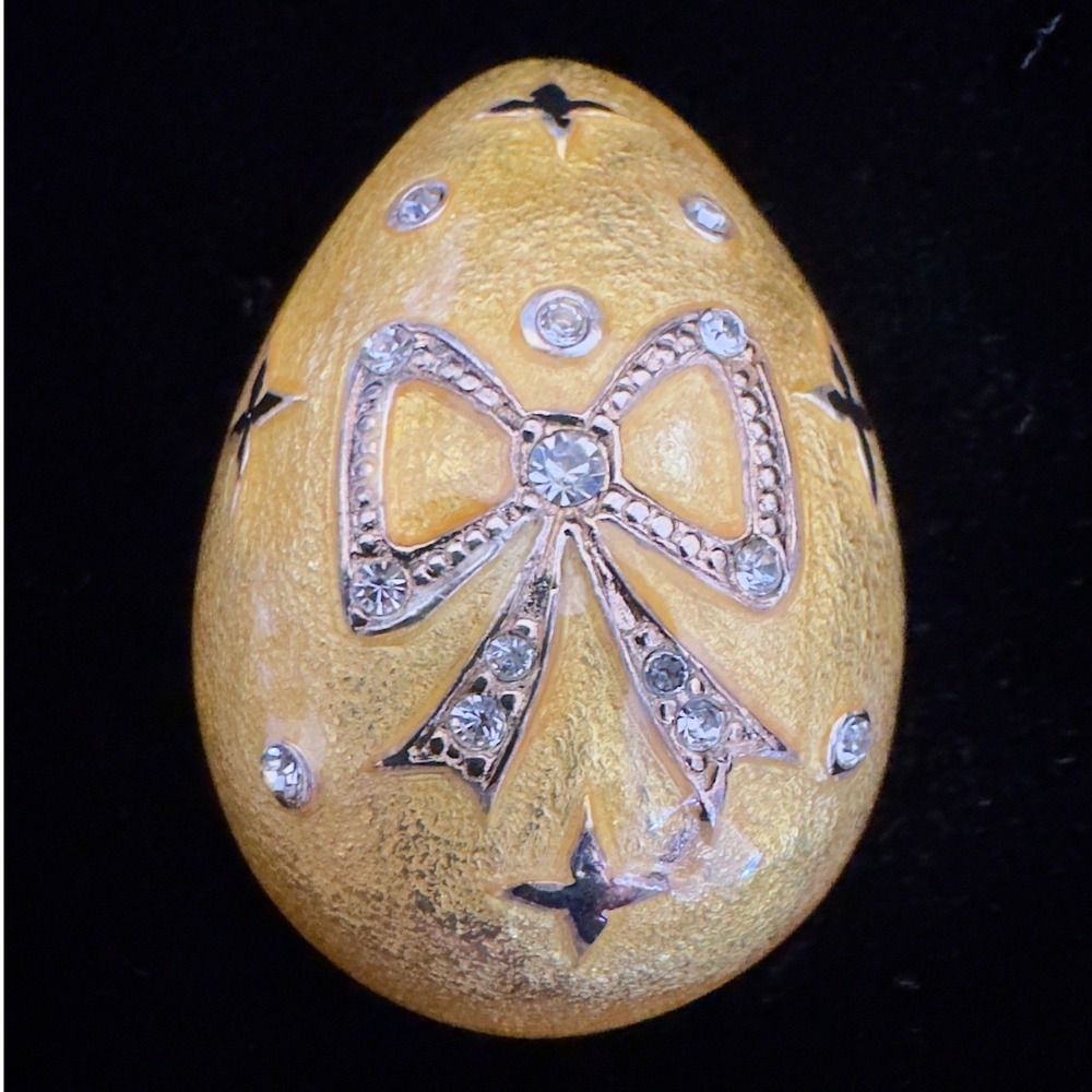 Carolee Vintage Yellow Enamel Egg Brooch Rhinestone Bow Star Faberge Style Pin